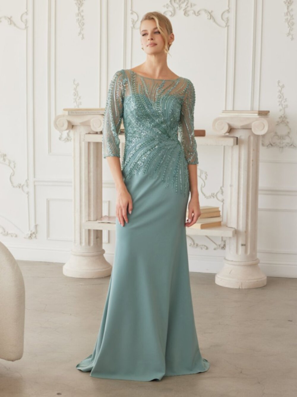 NEW MOTHER OF BRIDE SATIN DRESS W/ SEQUINS EMBROIDERY & 3/4 SLEEVES NX MH137
